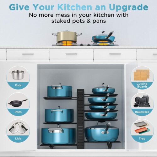 Adjustable 8-Tier Pots & Pans Organizer Rack – Kitchen Cabinet Storage Holder