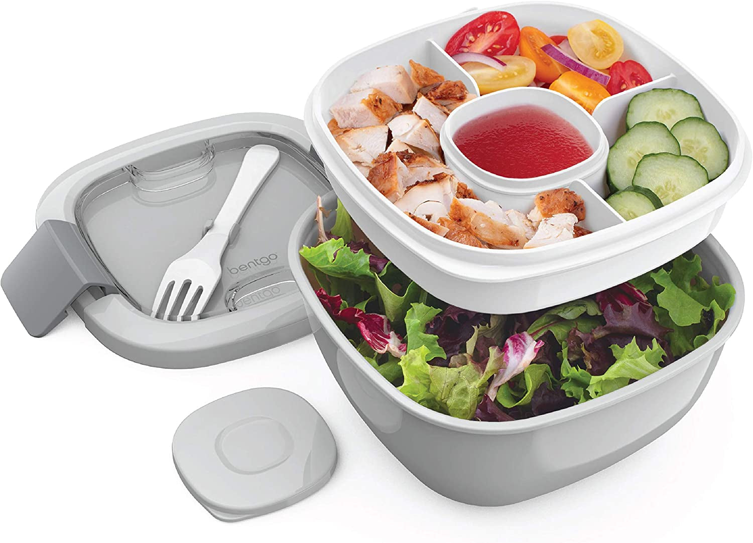  Salad - Stackable Lunch Container with Large Salad Bowl, 4-Compartment Bento-Style Tray for Toppings And Sauce Container 