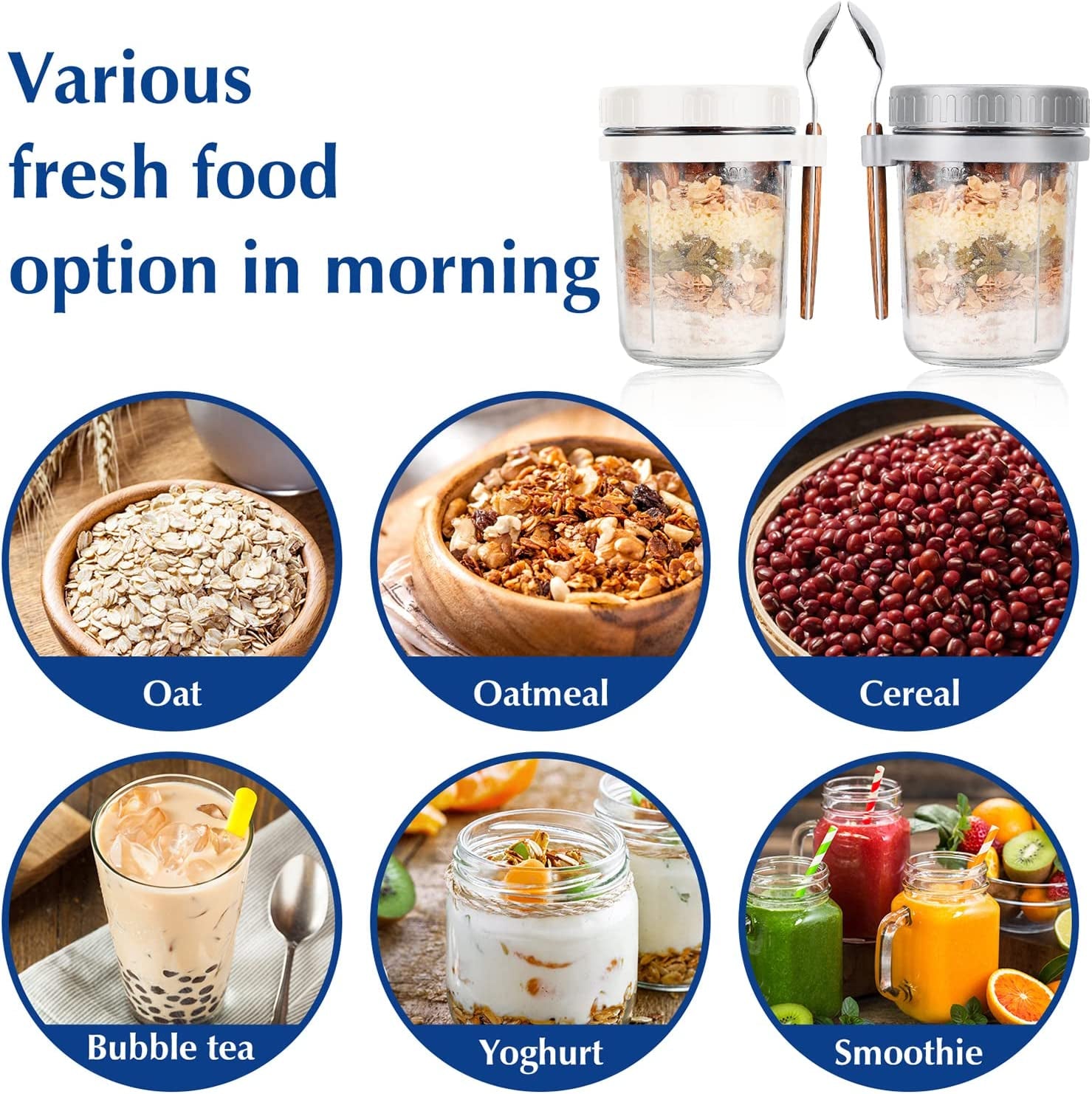 2 Overnight Oats Airtight Jars  With Lid And Spoon- 10 Oz