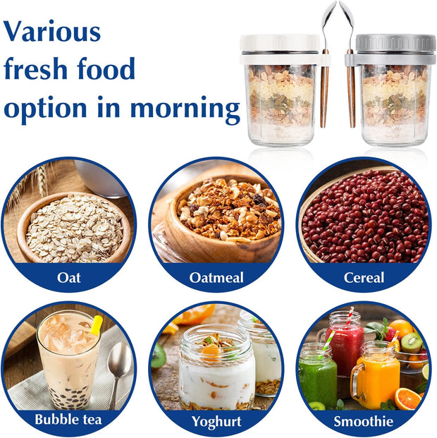 2 Overnight Oats Airtight Jars  With Lid And Spoon- 10 Oz