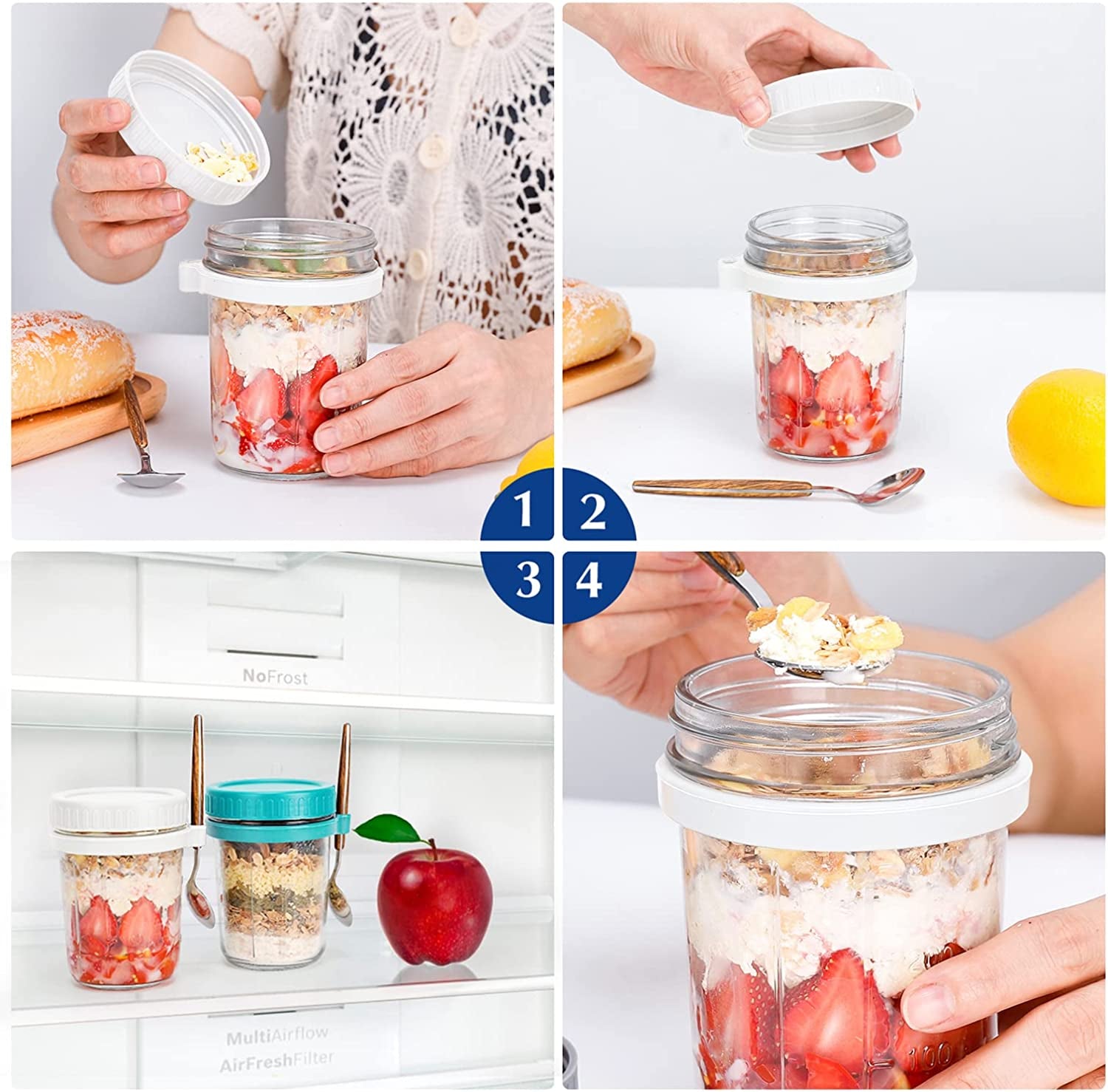 2 Overnight Oats Airtight Jars  With Lid And Spoon- 10 Oz