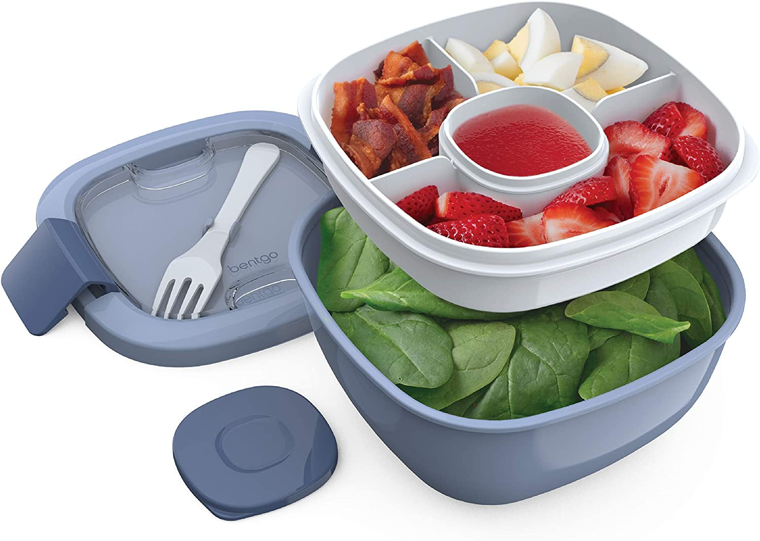  Salad - Stackable Lunch Container with Large Salad Bowl, 4-Compartment Bento-Style Tray for Toppings And Sauce Container 
