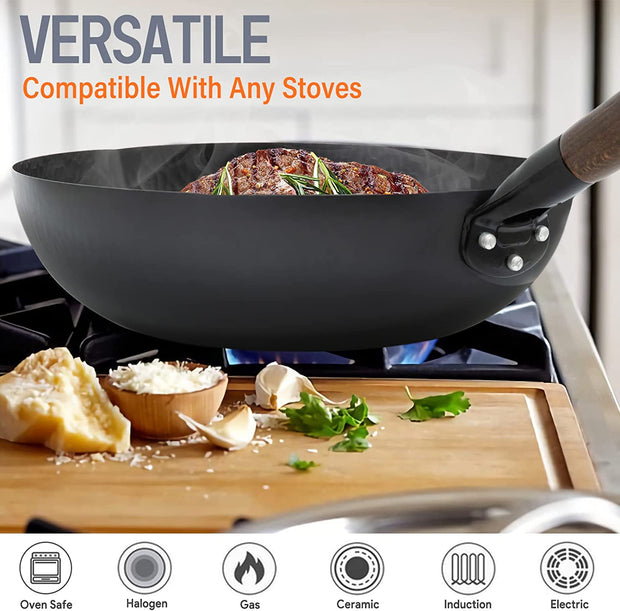 Carbon Steel Wok, 13 Inch Wok Pan with Lid and Cookwares 10Pcs or 5Pcs