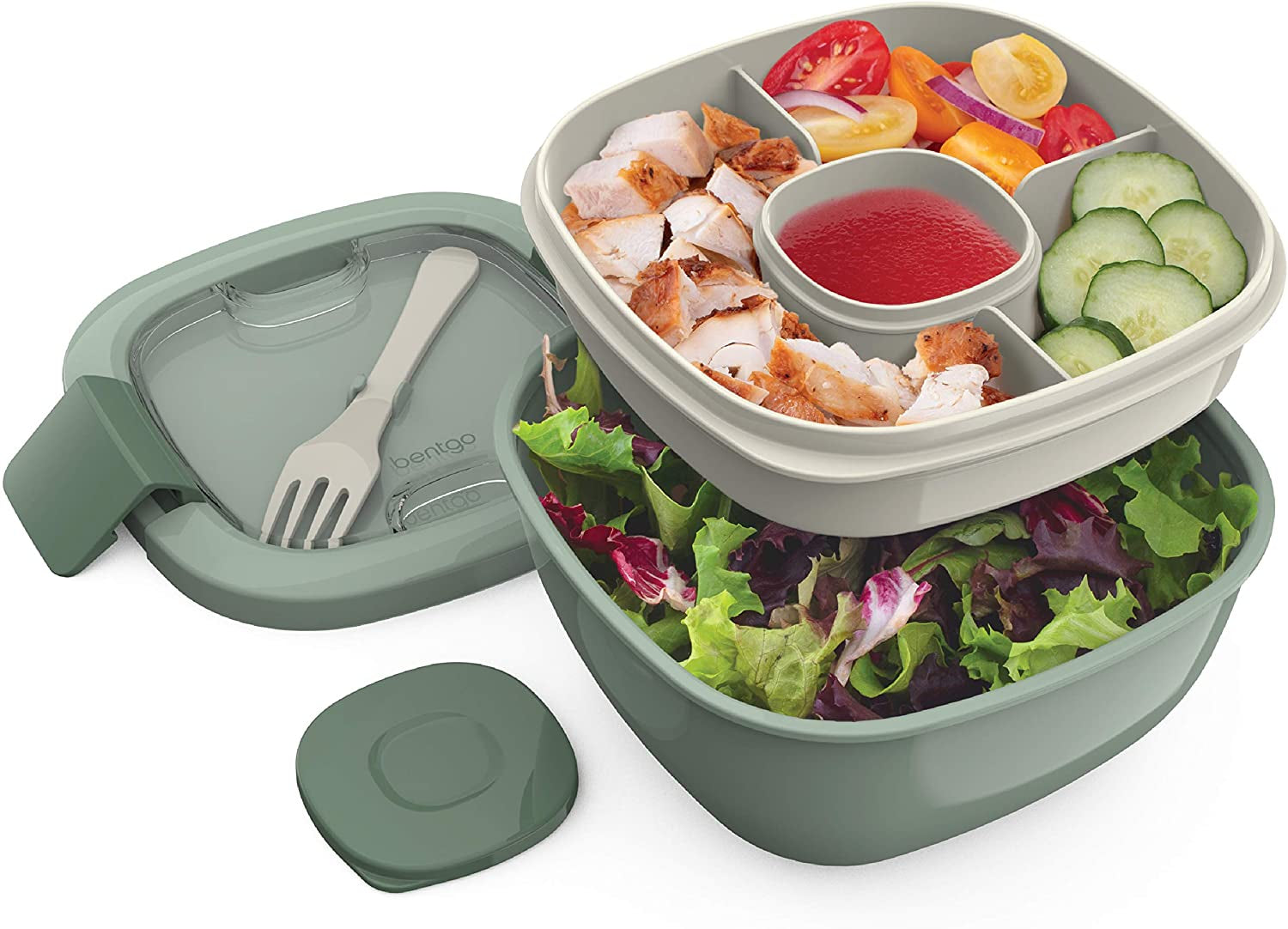  Salad - Stackable Lunch Container with Large Salad Bowl, 4-Compartment Bento-Style Tray for Toppings And Sauce Container 