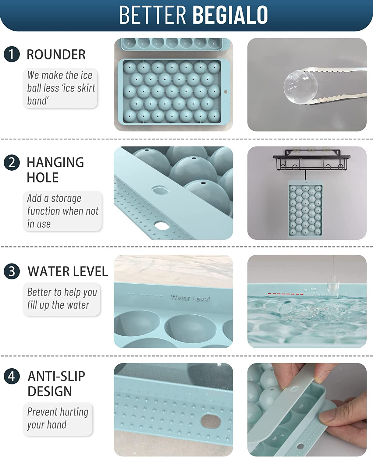 2 or 4 Round Ice Cubes Trays, Round Ice Trays for Freezer with Lid, Ice Buckets Tongs & Scoop 