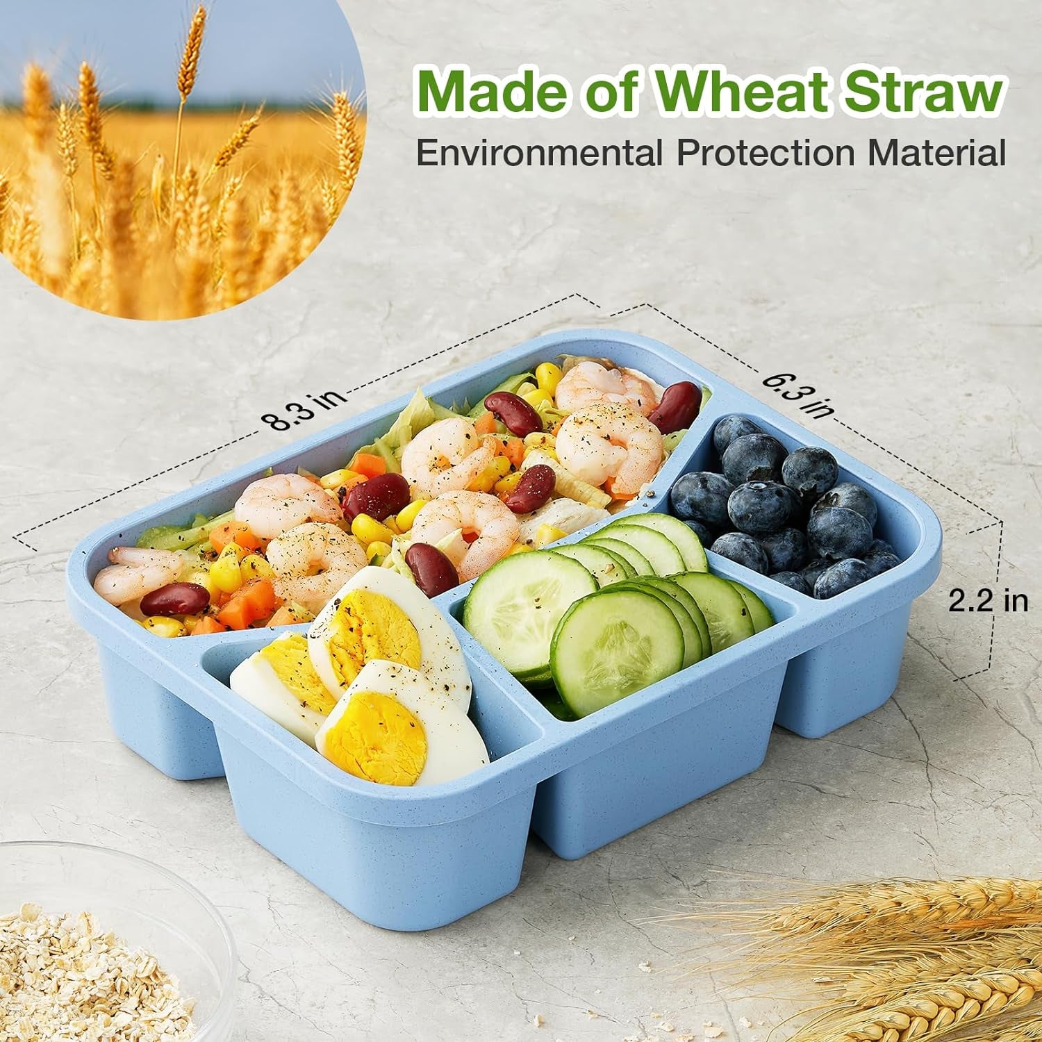 4 Pack Stackable Bento Lunch Box, 4 Compartment Wheat Straw Meal Prep Containers for Kids/Toddle/Adults.