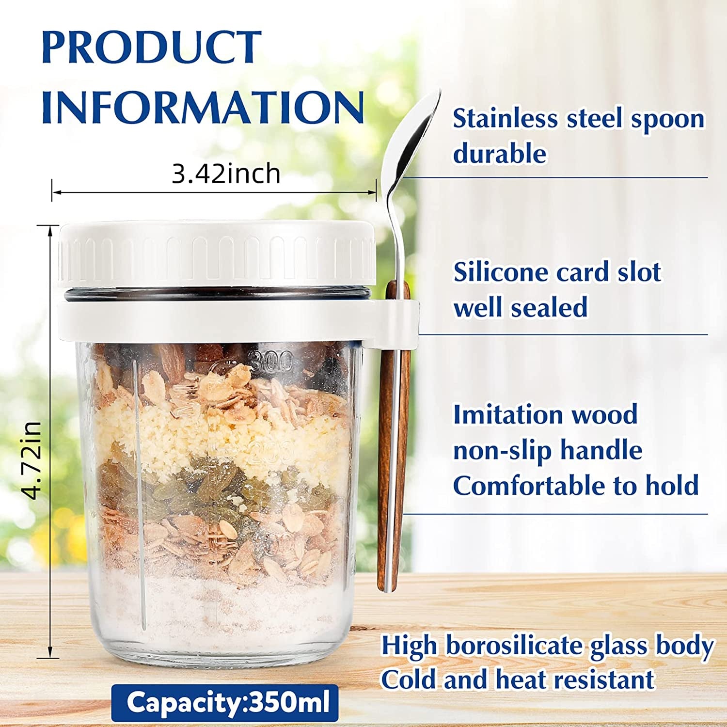 2 Overnight Oats Airtight Jars  With Lid And Spoon- 10 Oz