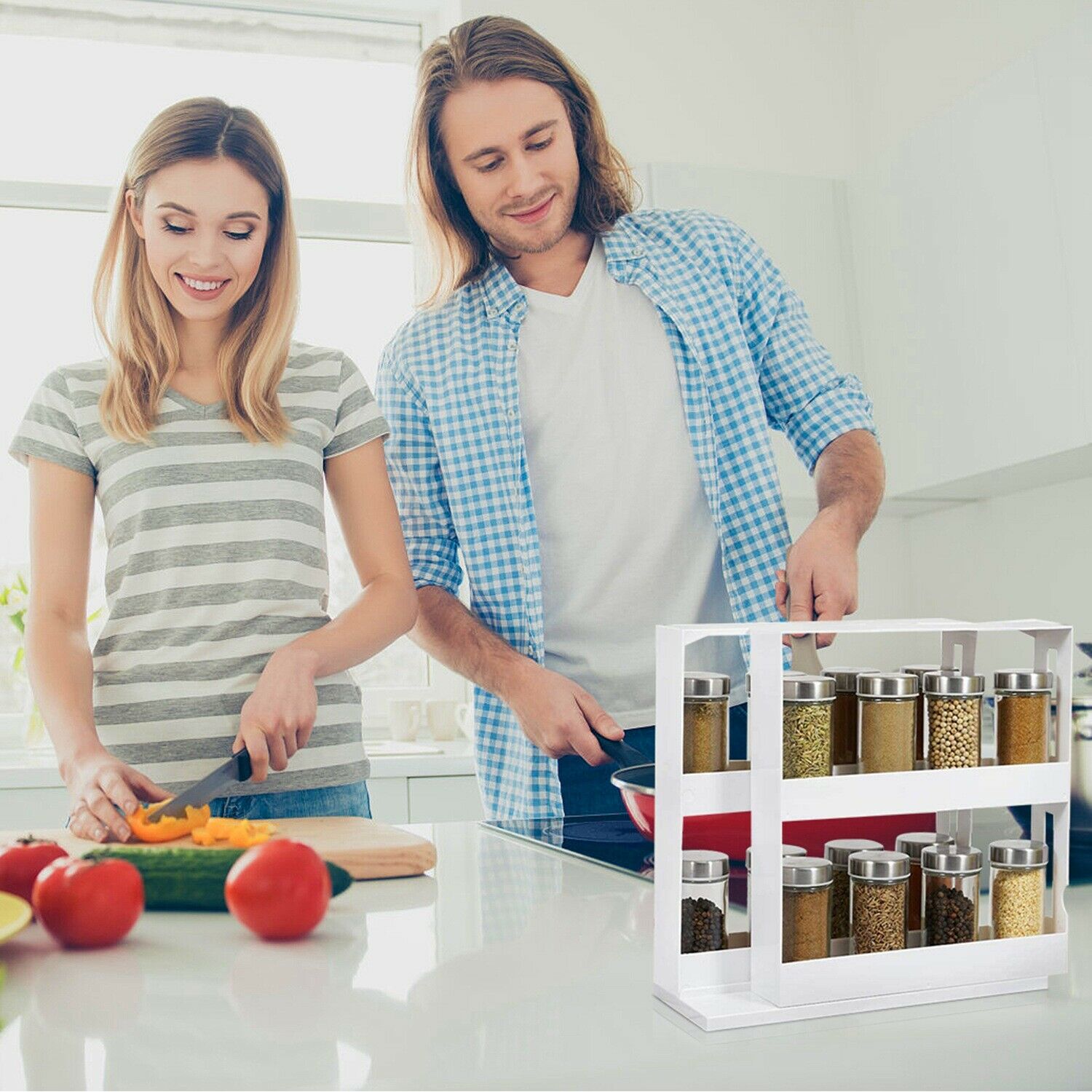 2 Tiers Multi Function Kitchen Storage Seasoning Spice Rack, Rotating Organizer