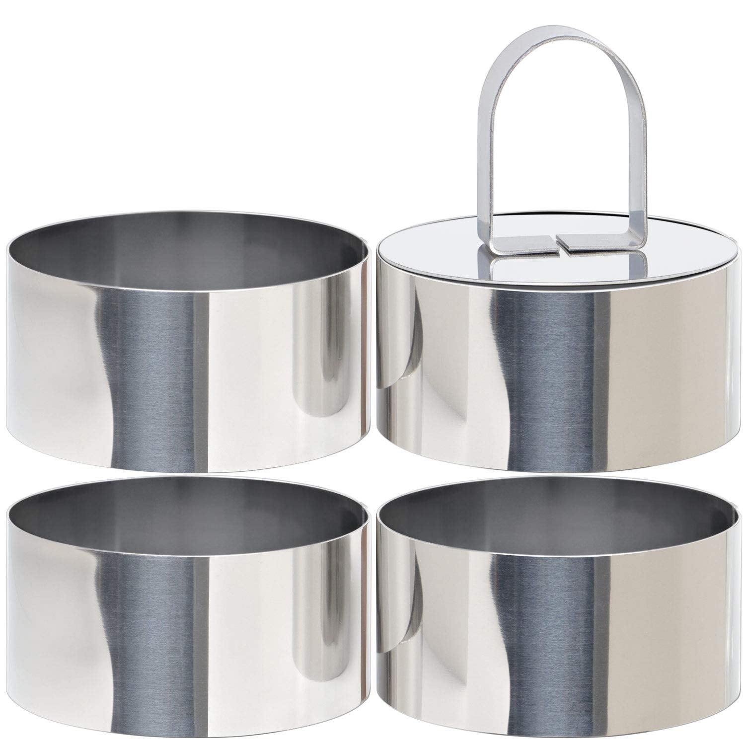 Set of 4 Or 5 Round Cake Ring Mold, Stainless Steel 3 Inch Dessert Mousse Molds with Pusher & Lifter Cooking Rings, Tuna Tartare Mold