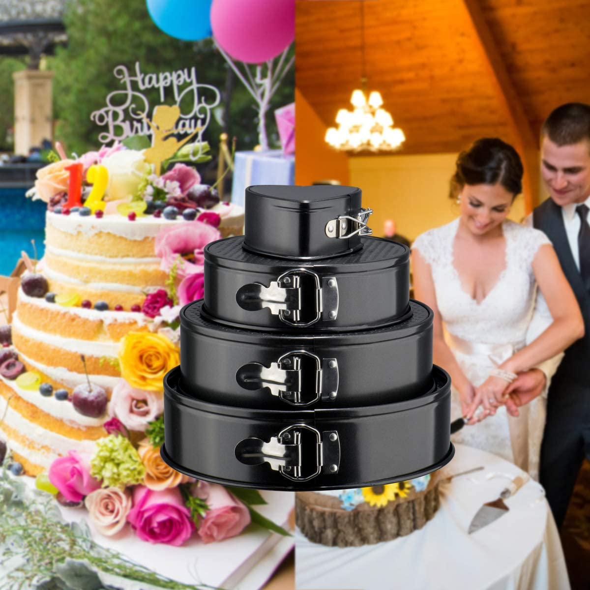 Cake Pan Set of 4 Pieces (4"/7"/9"/10") 1 Heart and 3 Round, Leakproof Nonstick Bakeware Cheesecake Pan with Removable Bottom