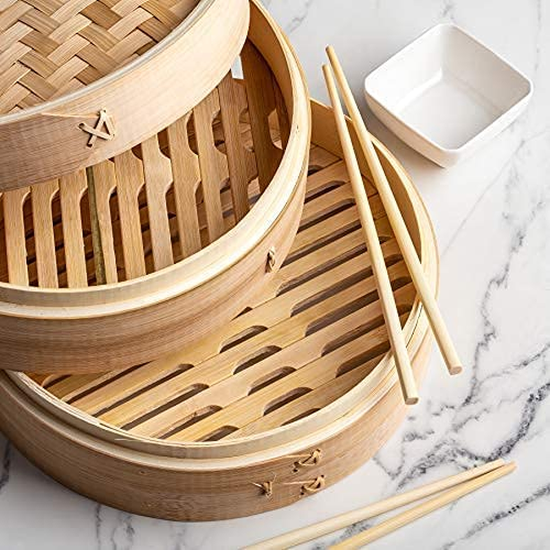  Bamboo Steamer Basket 10 Inch Or 12 inch- Dumpling Maker, Vegetable Steamer- 2 Sets of Chopsticks, 1 Sauce Dish & 50 Liners 