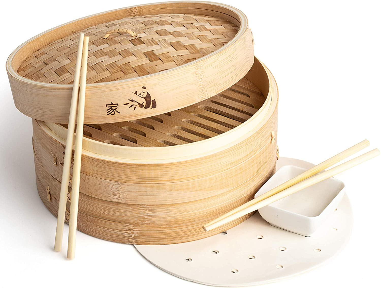  Bamboo Steamer Basket 10 Inch Or 12 inch- Dumpling Maker, Vegetable Steamer- 2 Sets of Chopsticks, 1 Sauce Dish & 50 Liners 