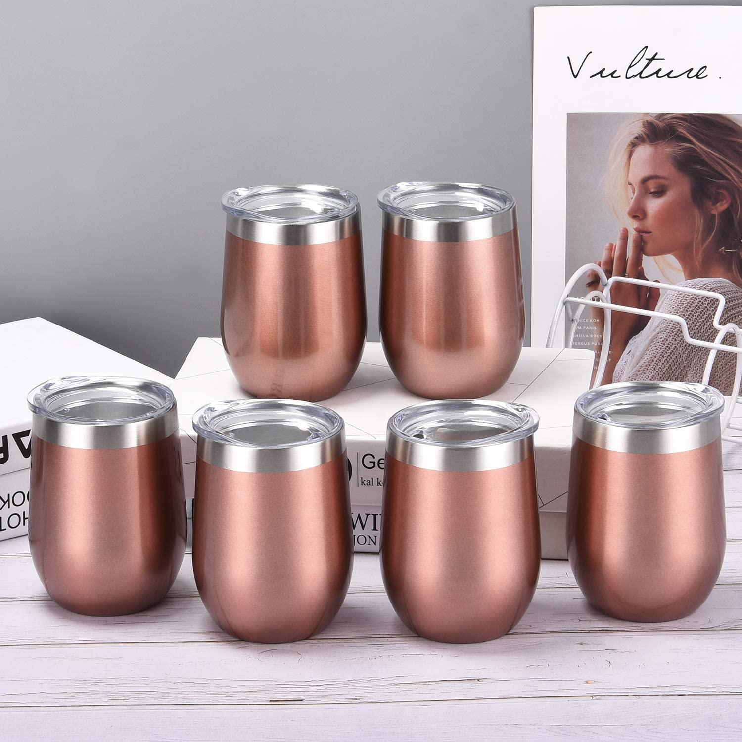 6 Pack 12Oz Stemless Wine Tumbler Wine Glasses Set Stainless Steel Wine Tumbler Cups with Lid and Straw Set of 6 for Picnic Camping Party or Family Daily Use