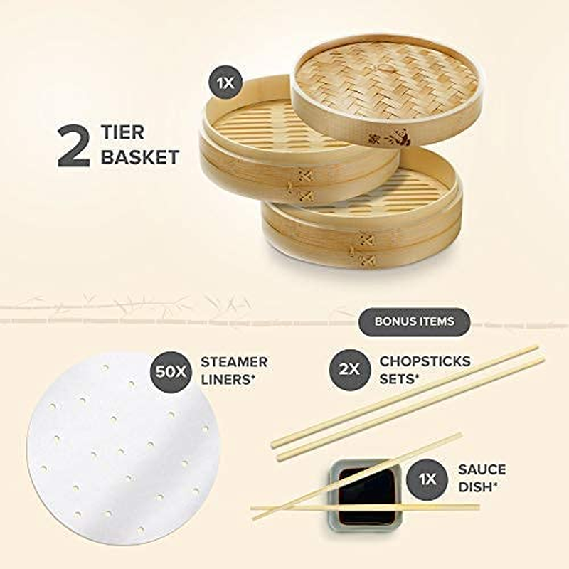  Bamboo Steamer Basket 10 Inch Or 12 inch- Dumpling Maker, Vegetable Steamer- 2 Sets of Chopsticks, 1 Sauce Dish & 50 Liners 