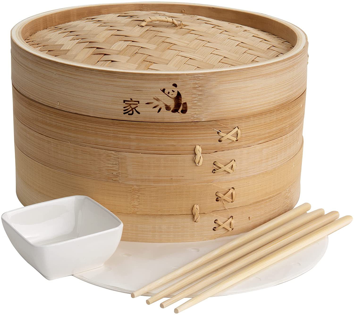  Bamboo Steamer Basket 10 Inch Or 12 inch- Dumpling Maker, Vegetable Steamer- 2 Sets of Chopsticks, 1 Sauce Dish & 50 Liners 