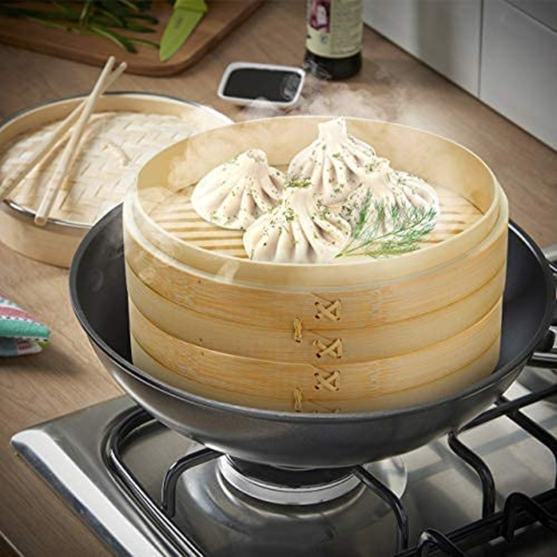  Bamboo Steamer Basket 10 Inch Or 12 inch- Dumpling Maker, Vegetable Steamer- 2 Sets of Chopsticks, 1 Sauce Dish & 50 Liners 