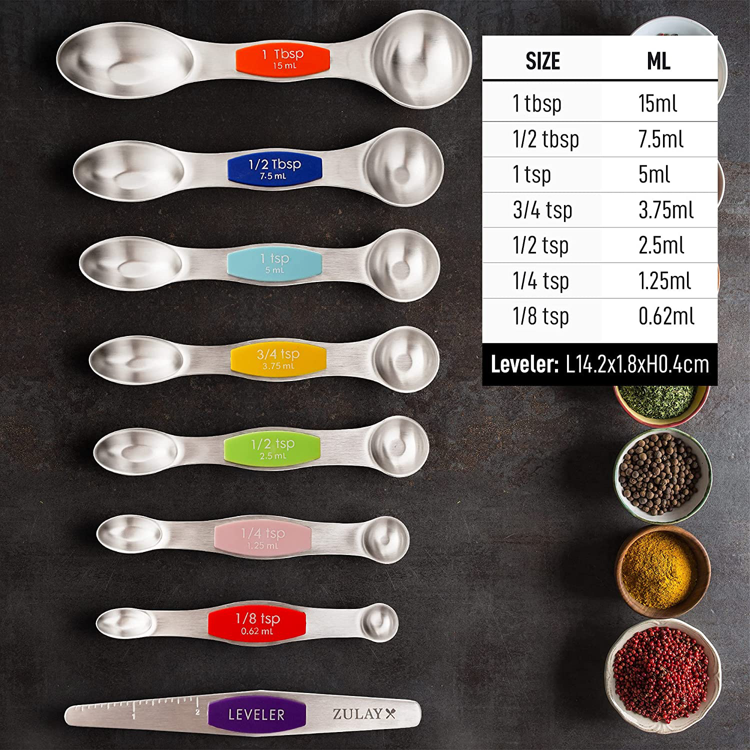 Stainless Steel Stackable, Dual Sided, Magnetic, Measuring Spoons Set of 7