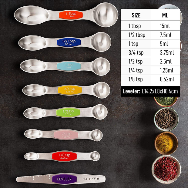 Stainless Steel Stackable, Dual Sided, Magnetic, Measuring Spoons Set of 7
