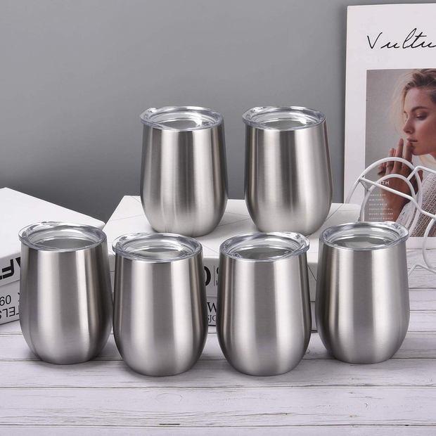 6 Pack 12Oz Stemless Wine Tumbler Wine Glasses Set Stainless Steel Wine Tumbler Cups with Lid and Straw Set of 6 for Picnic Camping Party or Family Daily Use