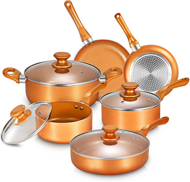 Pots and Pans Set, Cookware Set, Copper Pan Set, Nonstick Ceramic Coating, Saute Pan, Saucepan Stockpot with Lid, Fry Pan, Copper, 10Pcs