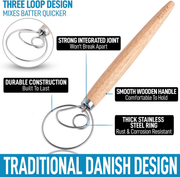 13 Inch Danish Dough Whisk - Large Wooden or Stainless Steel Whisk with Stainless Steel Ring
