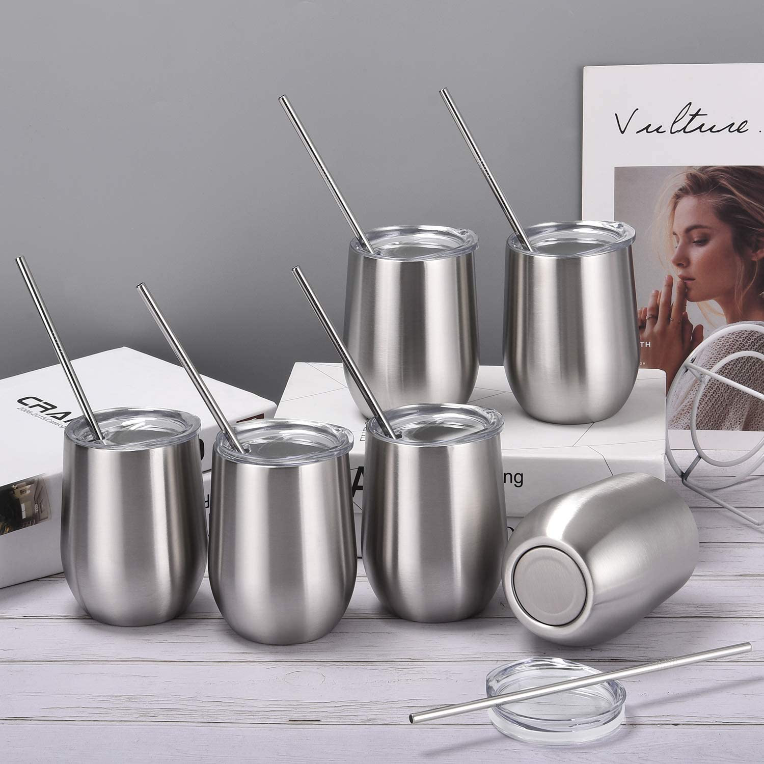 6 Pack 12Oz Stemless Wine Tumbler Wine Glasses Set Stainless Steel Wine Tumbler Cups with Lid and Straw Set of 6 for Picnic Camping Party or Family Daily Use