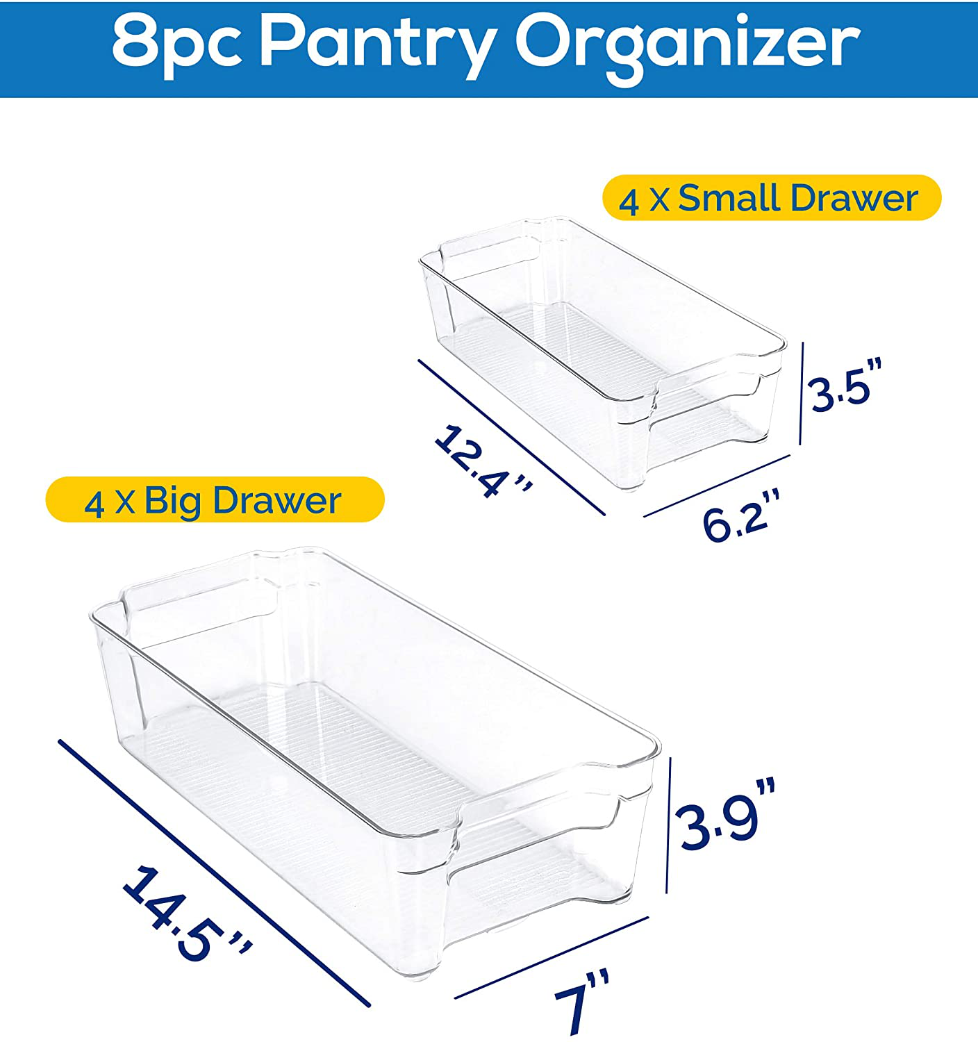 Set of 8 Pantry Organizers For Refrigerator Freezers, Kitchen Countertops and Cabinets