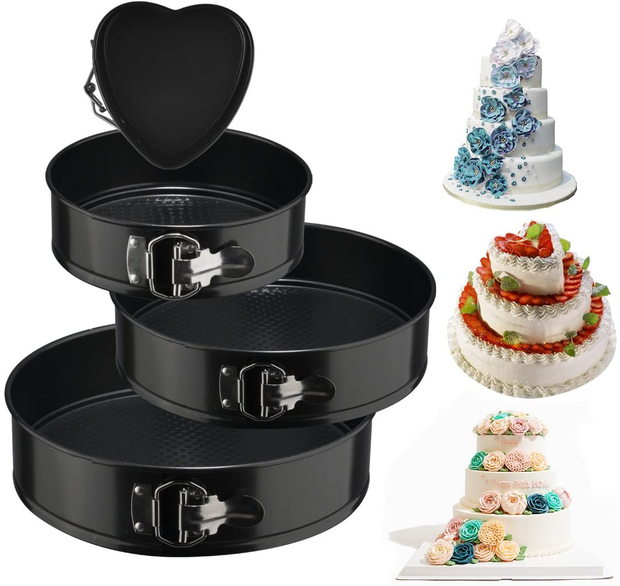 Cake Pan Set of 4 Pieces (4"/7"/9"/10") 1 Heart and 3 Round, Leakproof Nonstick Bakeware Cheesecake Pan with Removable Bottom