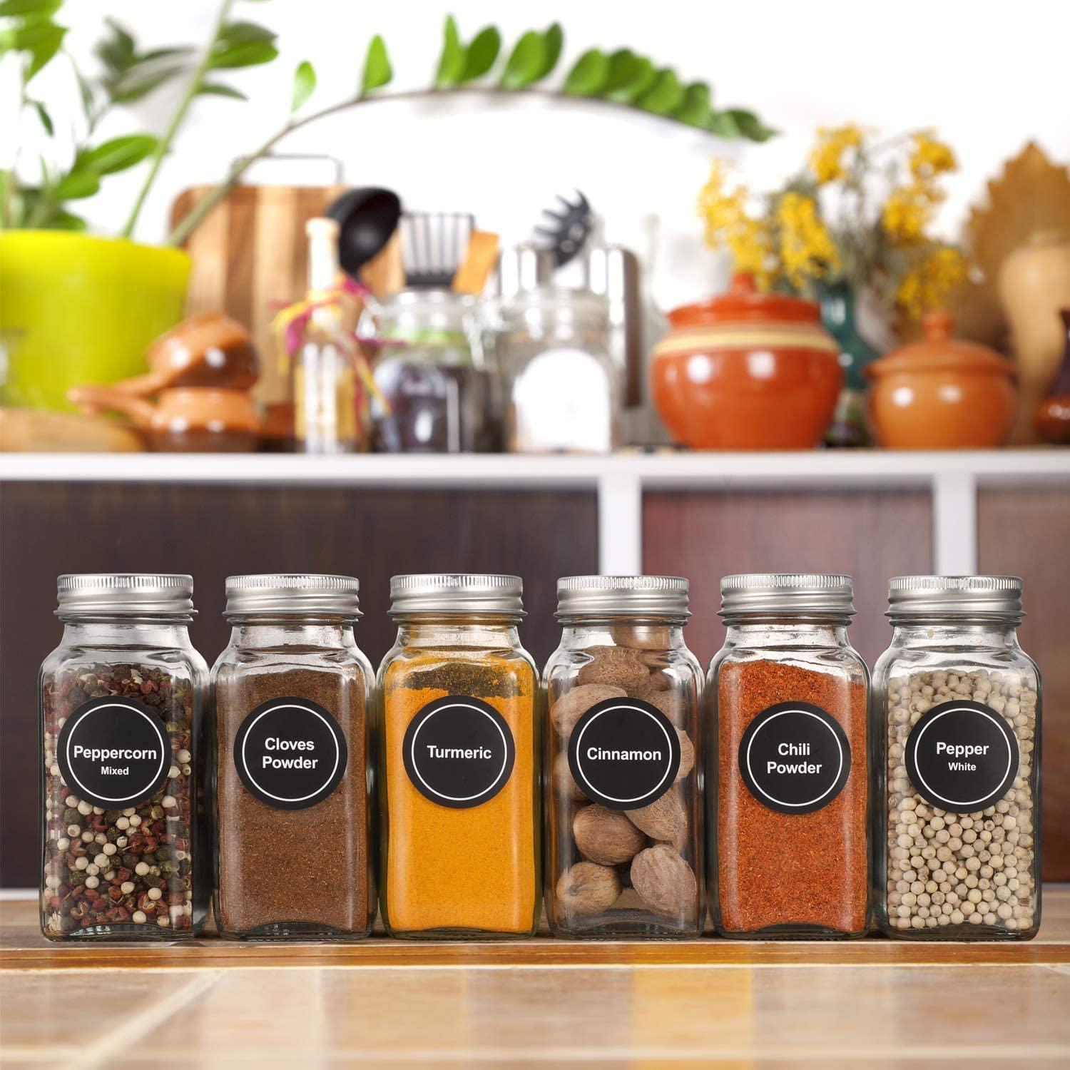 24 Spice Jars with 547 Labels - Glass Spice Jars with Shaker Lids