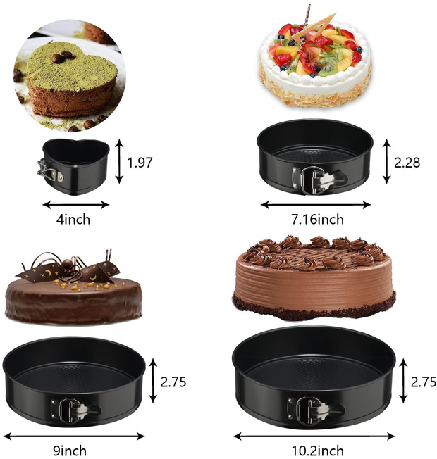Cake Pan Set of 4 Pieces (4"/7"/9"/10") 1 Heart and 3 Round, Leakproof Nonstick Bakeware Cheesecake Pan with Removable Bottom