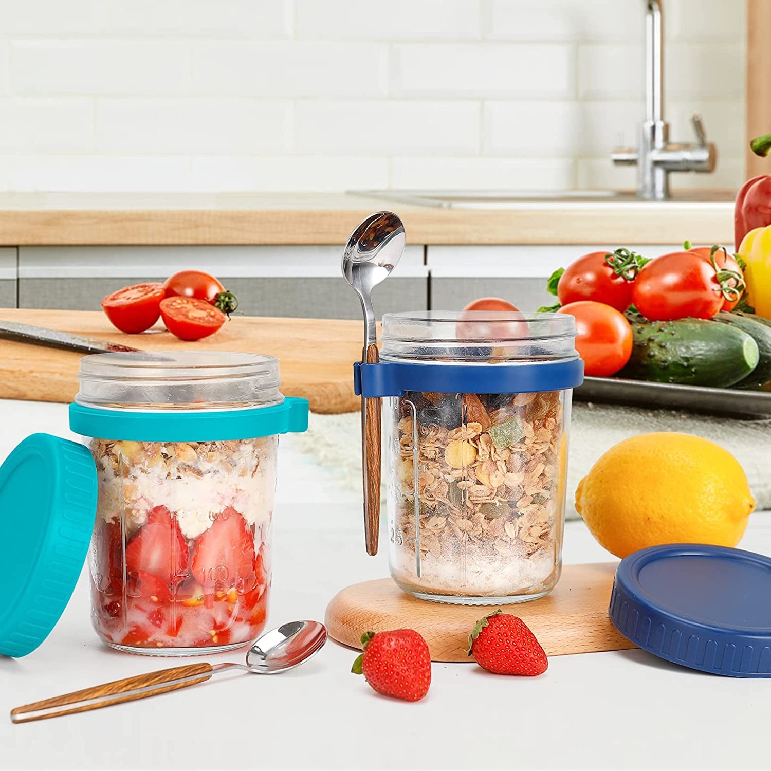 2 Overnight Oats Airtight Jars  With Lid And Spoon- 10 Oz