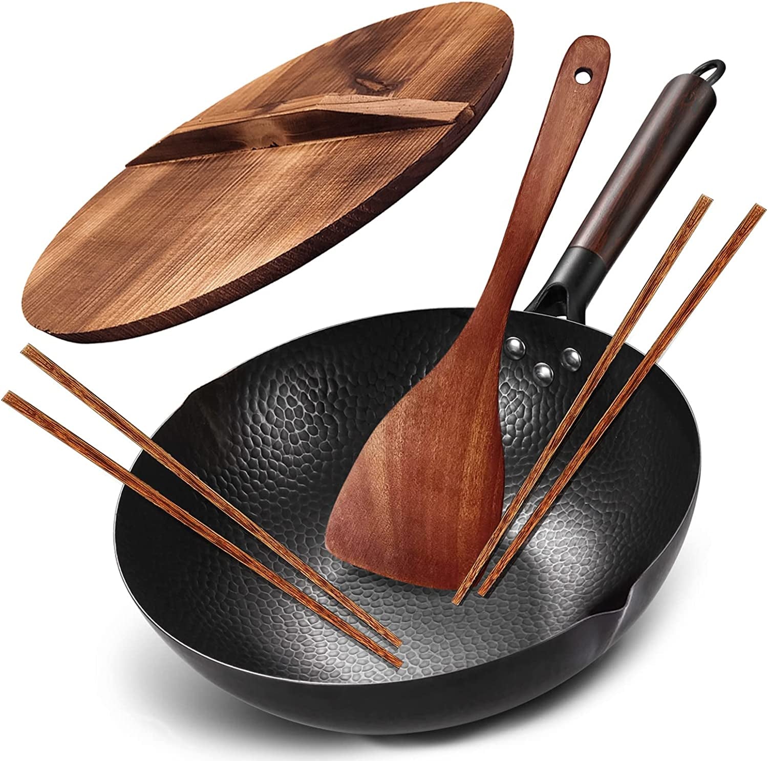Carbon Steel Wok, 13 Inch Wok Pan with Lid and Cookwares 10Pcs or 5Pcs