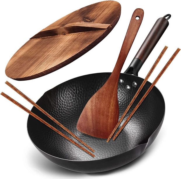 Carbon Steel Wok, 13 Inch Wok Pan with Lid and Cookwares 10Pcs or 5Pcs