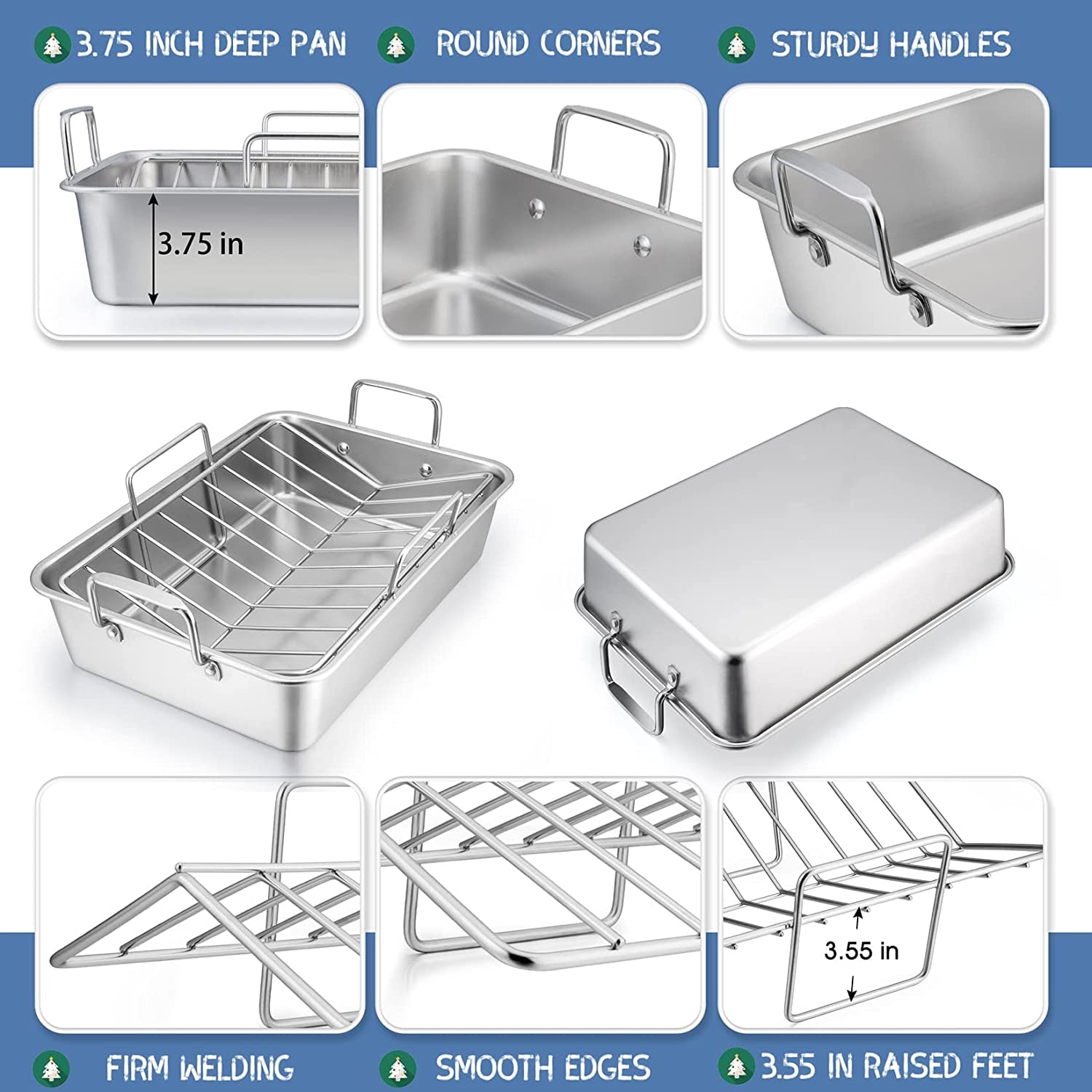 15¼" Roasting Pan with Rack, 7 PCS  Stainless Steel Roaster, Lasagna Pan with Cooling Flat & V-Shaped Baking Rack, Grilling Chicken Holder, Meat Shredding Claws,