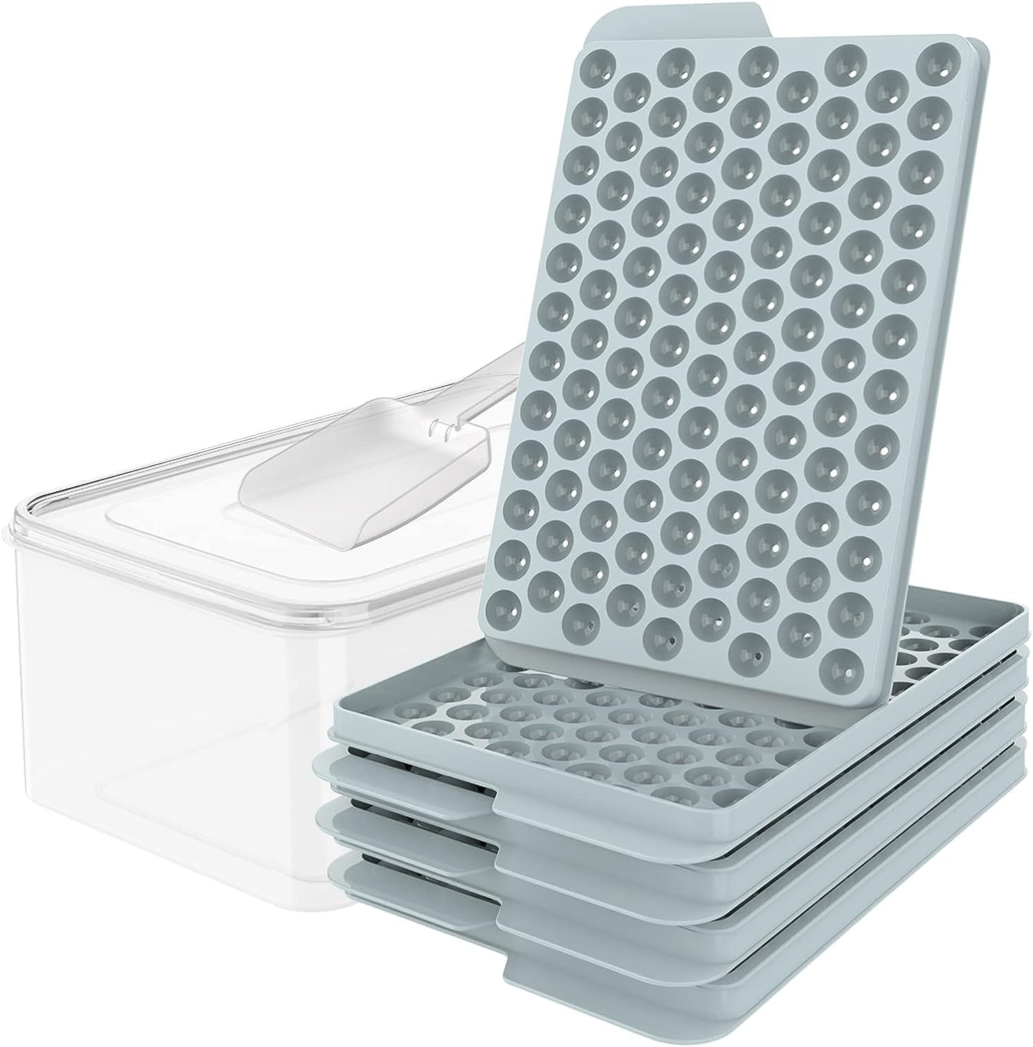 2 or 4 Round Ice Cubes Trays, Round Ice Trays for Freezer with Lid, Ice Buckets Tongs & Scoop 