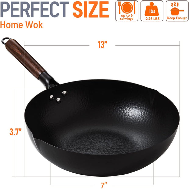 Carbon Steel Wok, 13 Inch Wok Pan with Lid and Cookwares 10Pcs or 5Pcs