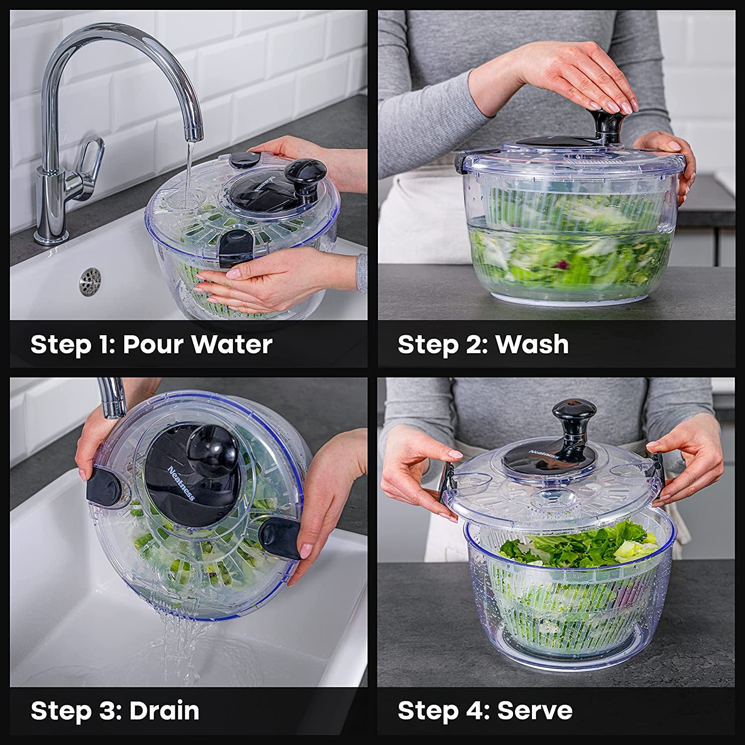 Large Salad Spinner with Drain, Bowl, and Colander 