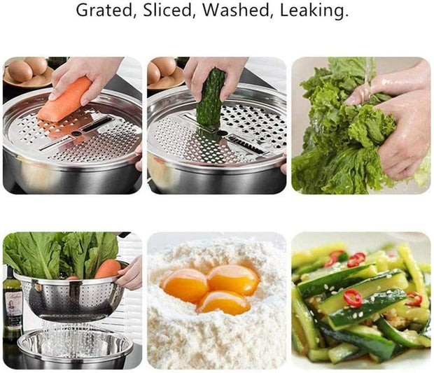 Stainless Steel Basin with Grater 3 in 1 Vegetable Cutter with Drain Basket, Washing Bowl Set 