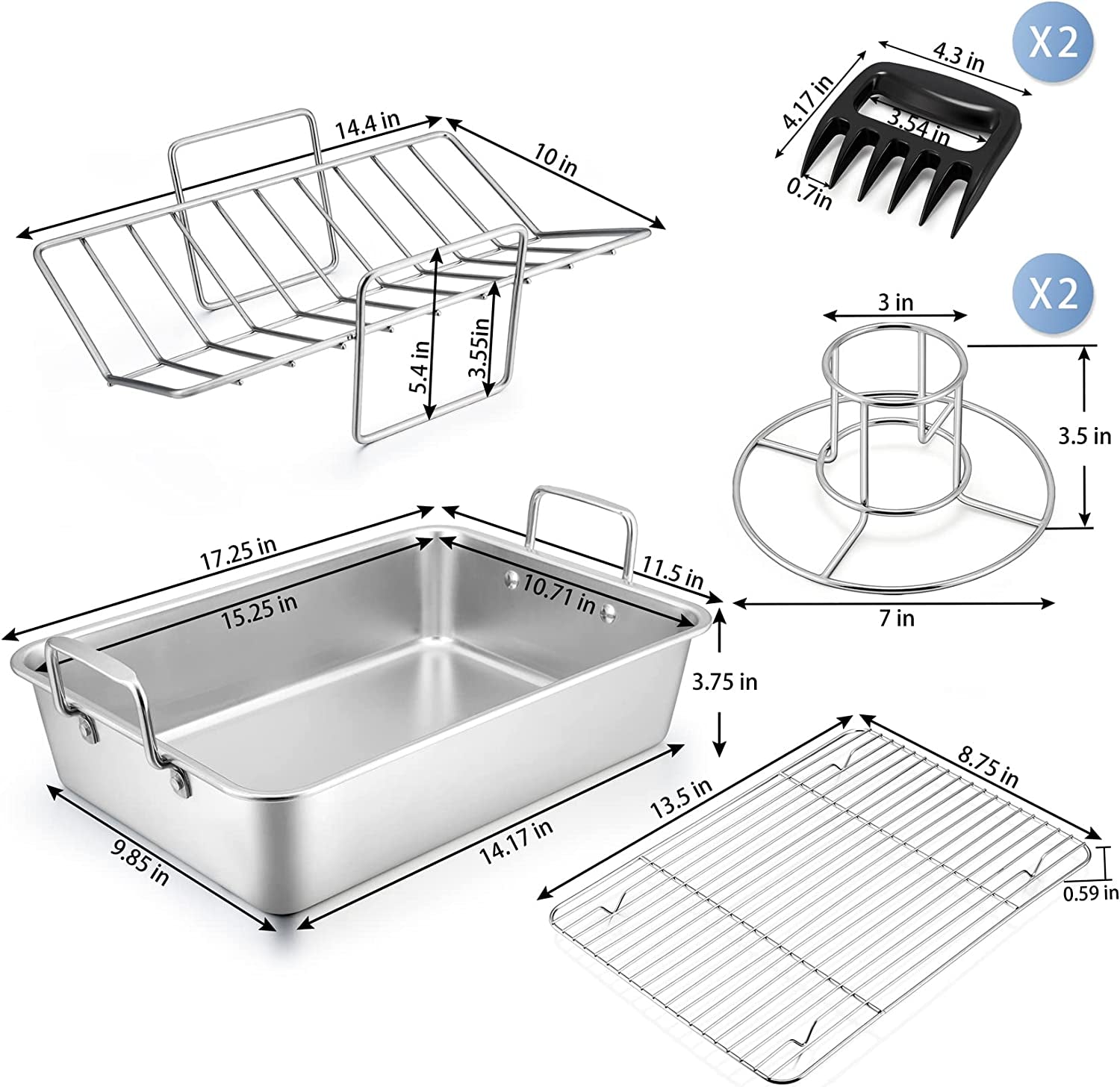 15¼" Roasting Pan with Rack, 7 PCS  Stainless Steel Roaster, Lasagna Pan with Cooling Flat & V-Shaped Baking Rack, Grilling Chicken Holder, Meat Shredding Claws,