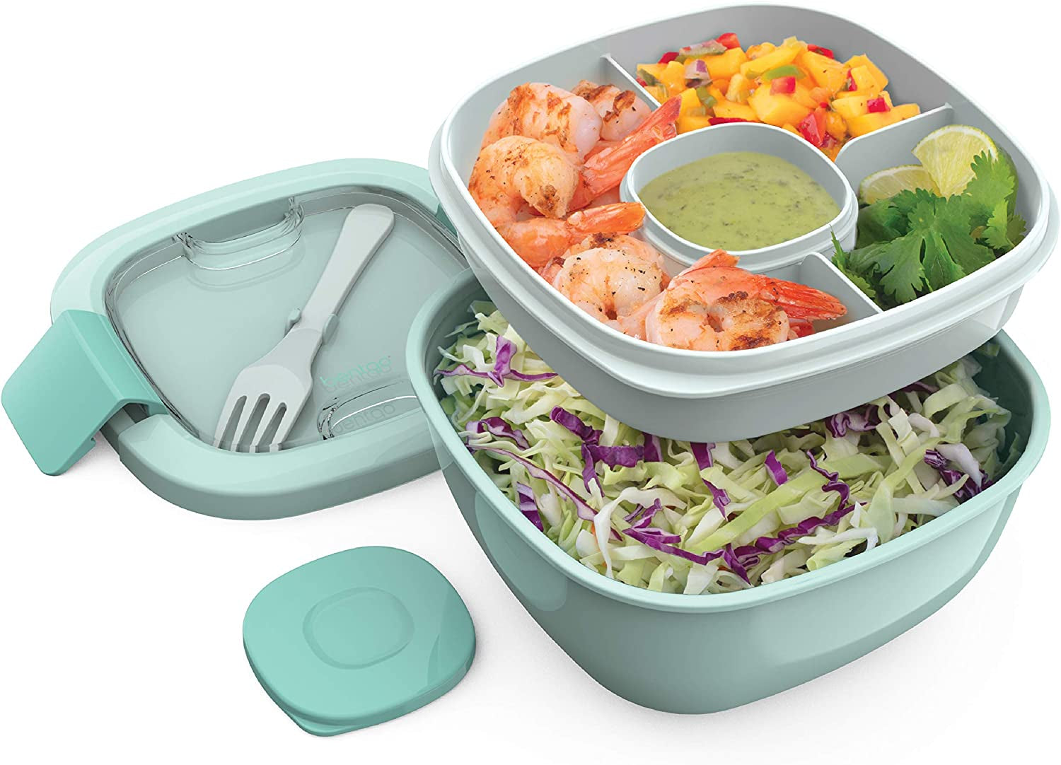  Salad - Stackable Lunch Container with Large Salad Bowl, 4-Compartment Bento-Style Tray for Toppings And Sauce Container 