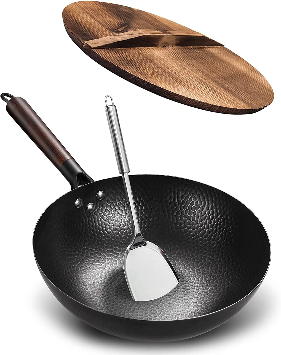 Carbon Steel Wok, 13 Inch Wok Pan with Lid and Cookwares 10Pcs or 5Pcs