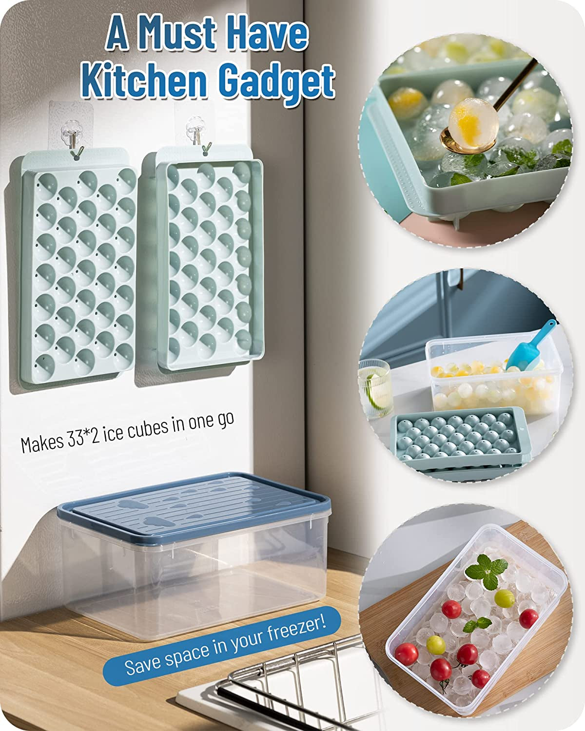 2 or 4 Round Ice Cubes Trays, Round Ice Trays for Freezer with Lid, Ice Buckets Tongs & Scoop 
