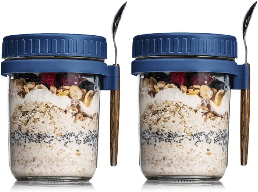 Overnight Oats Jars with Lid and Spoon Set of 2, 10 Oz Large