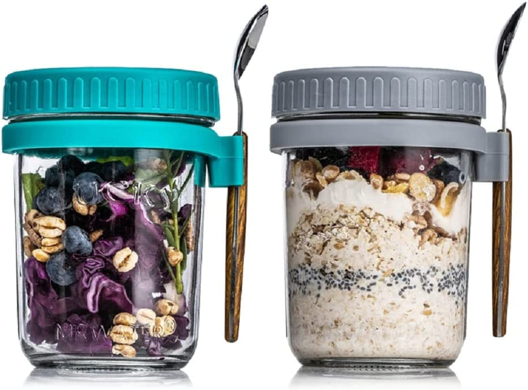 2 Overnight Oats Airtight Jars  With Lid And Spoon- 10 Oz