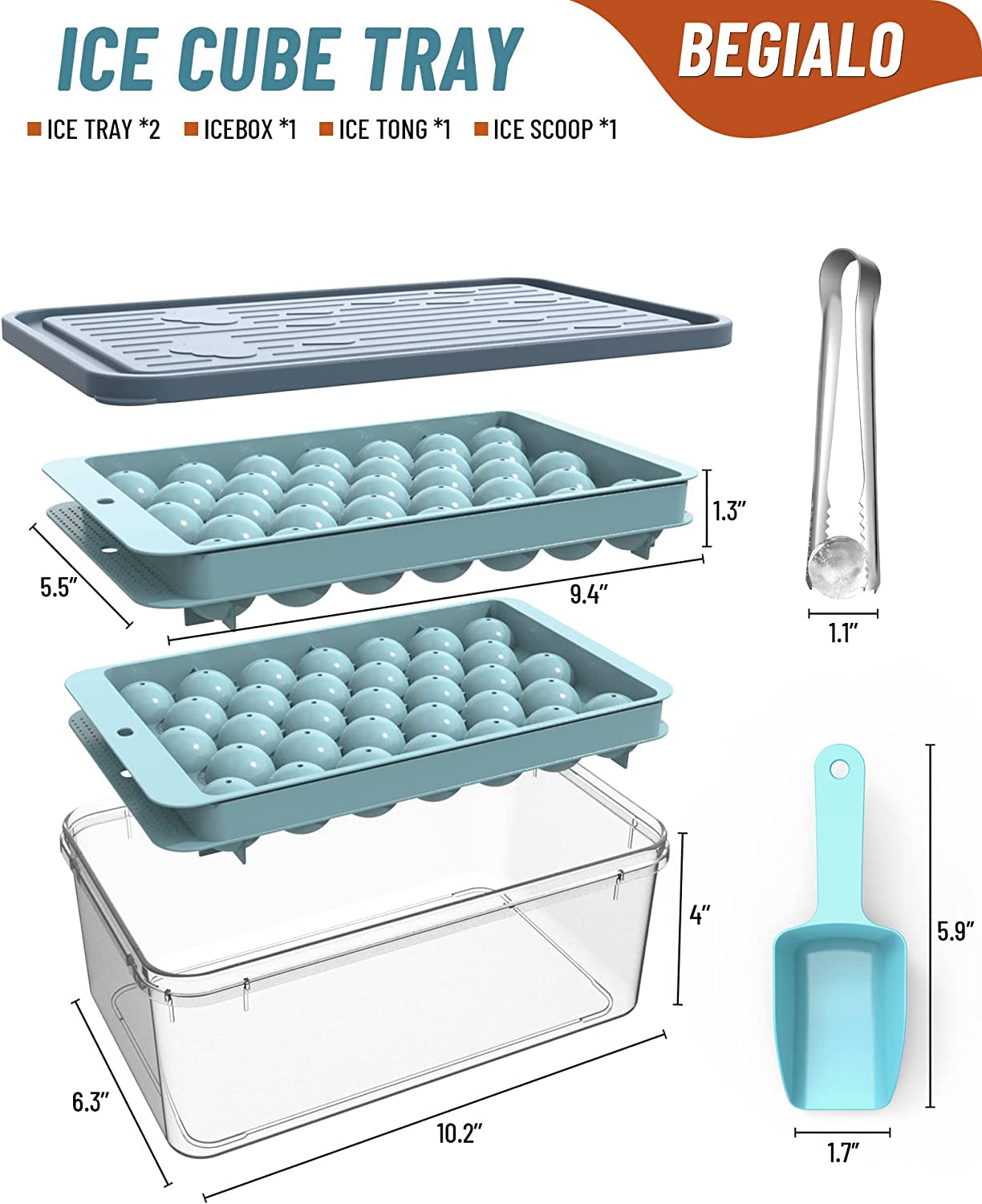 2 or 4 Round Ice Cubes Trays, Round Ice Trays for Freezer with Lid, Ice Buckets Tongs & Scoop 