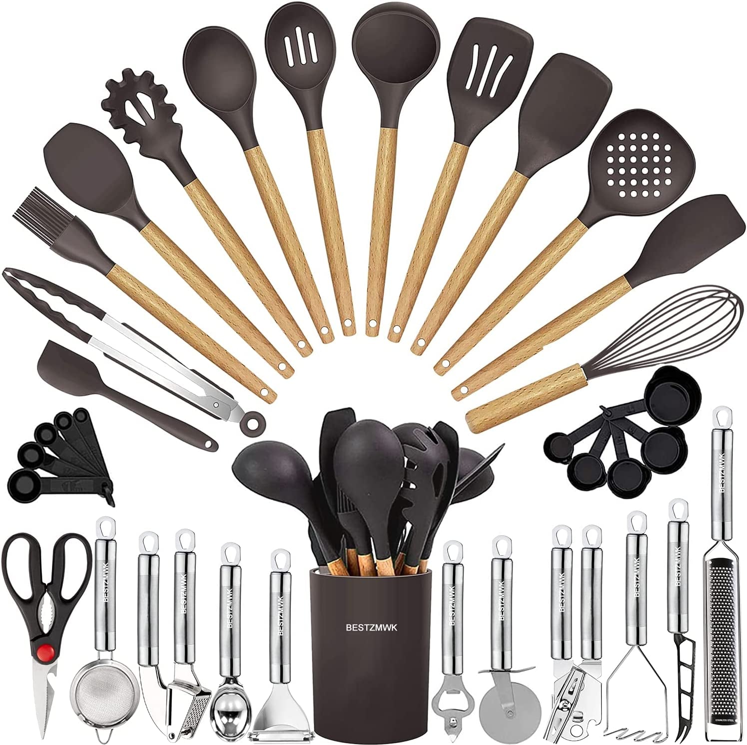  Kitchen Utensils Set Silicone Cooking Utensils Set for Nonstick  Cookware - Silicone Spatula Set And Wooden Kitchen Utensil Set Kitchen Tools,  Silicone Kitchen Utensils Set Cooking Spoon Kitchenware : Home 