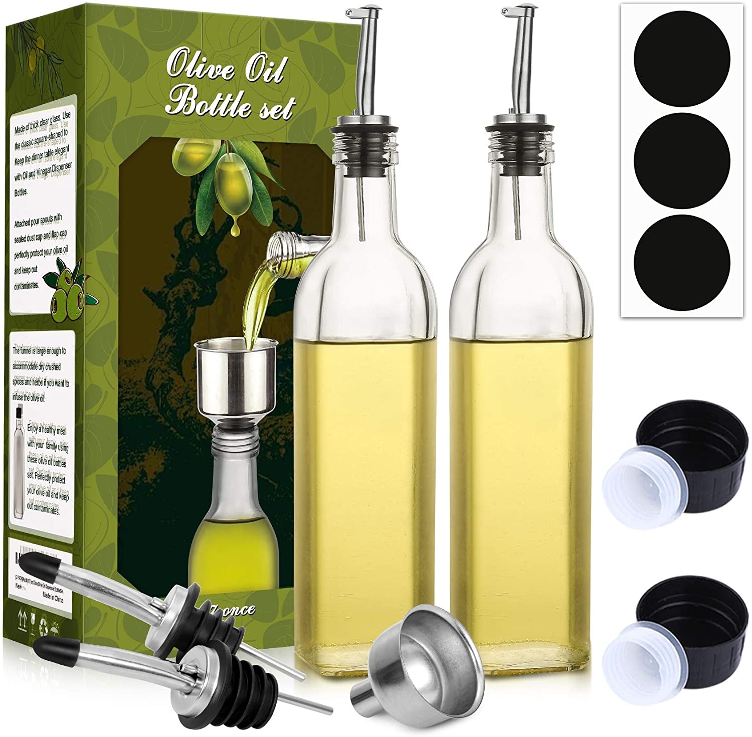 Set of 2 Glass Bottle Oil Vinegar Dispensers Cruets Lever Release Pourer, 17oz, Clear