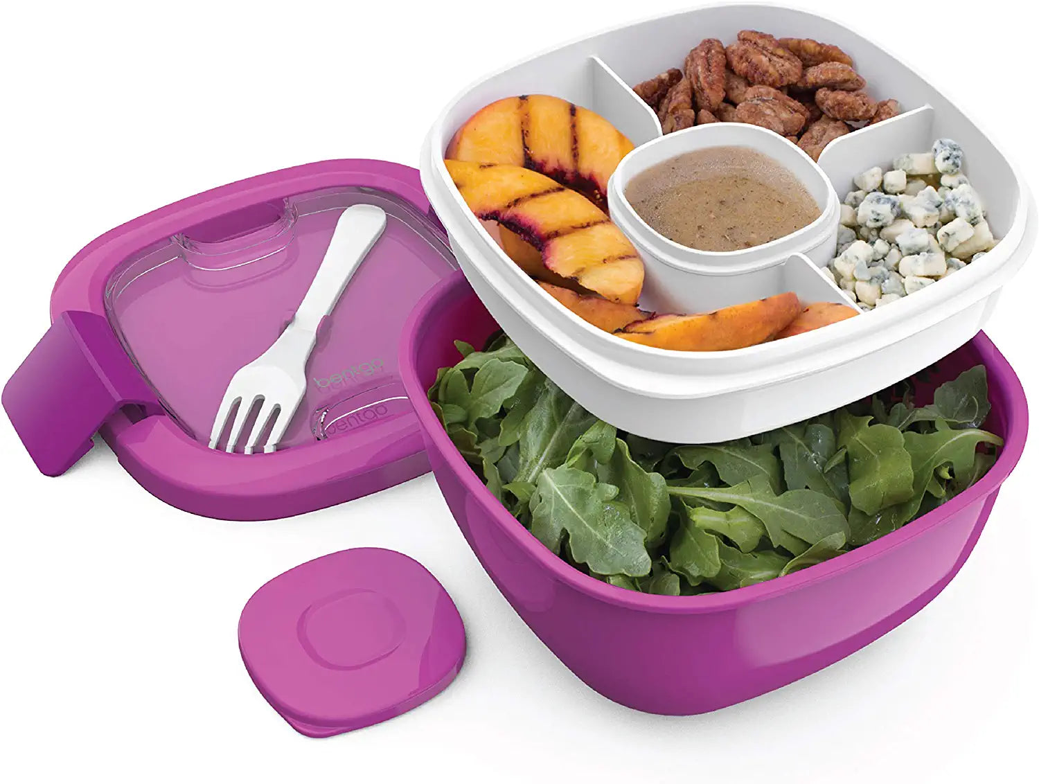  Salad - Stackable Lunch Container with Large Salad Bowl, 4-Compartment Bento-Style Tray for Toppings And Sauce Container 