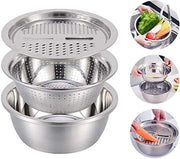 Stainless Steel Basin with Grater 3 in 1 Vegetable Cutter with Drain Basket, Washing Bowl Set 