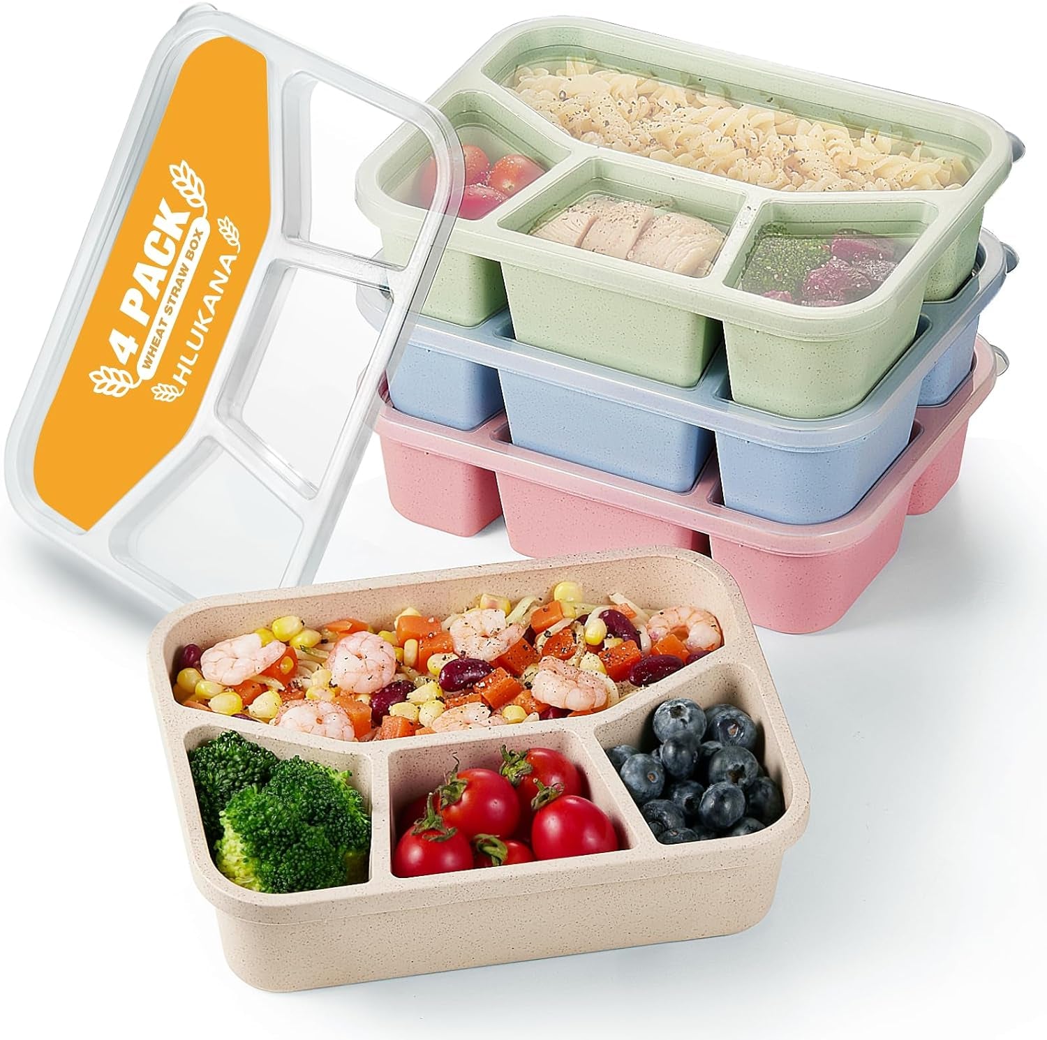 4 Pack Stackable Bento Lunch Box, 4 Compartment Wheat Straw Meal Prep Containers for Kids/Toddle/Adults.